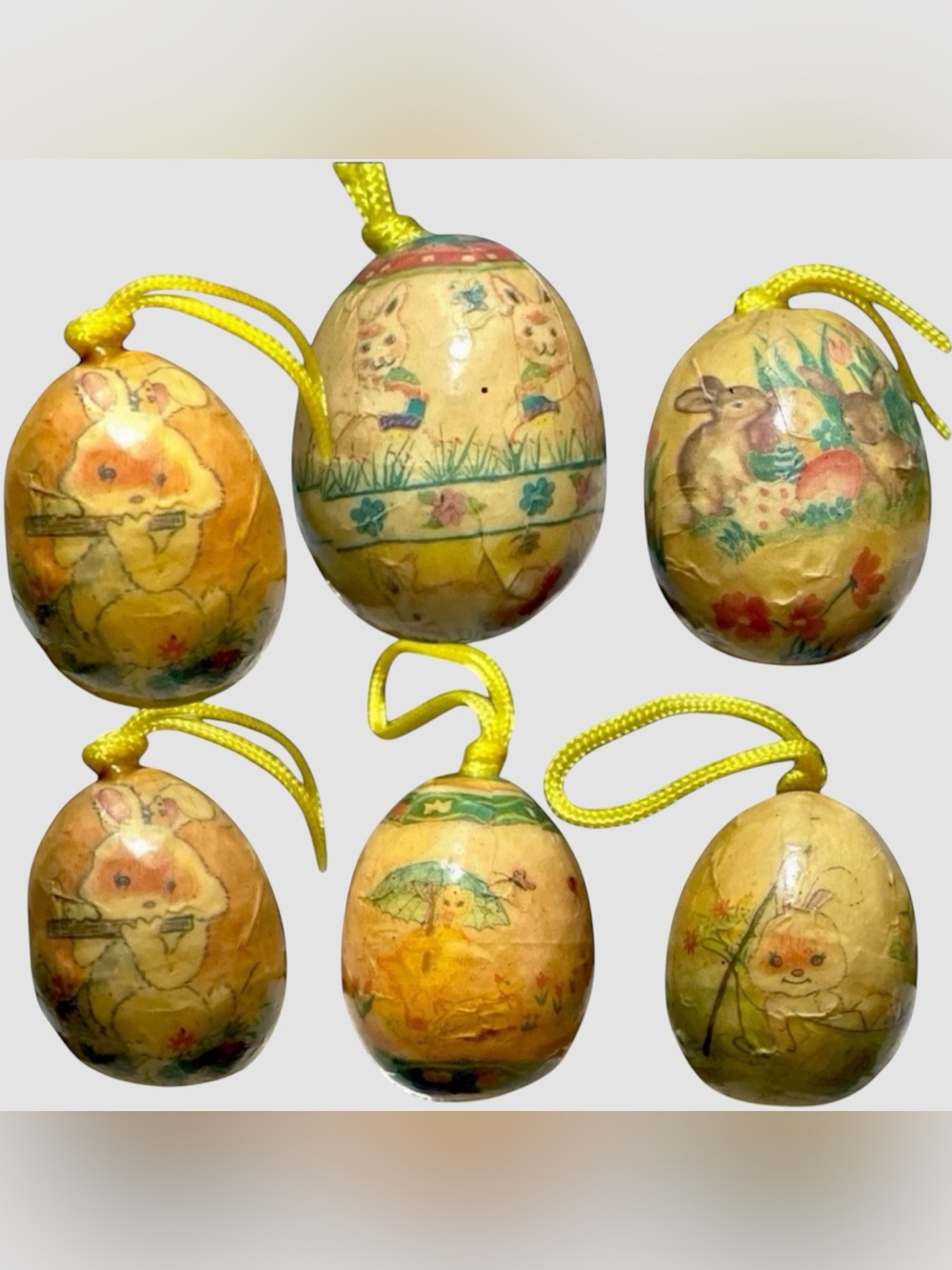 Set Of 6 Vintage Decoupage Easter Eggs Paper Mache Decoration Ornaments Bunny